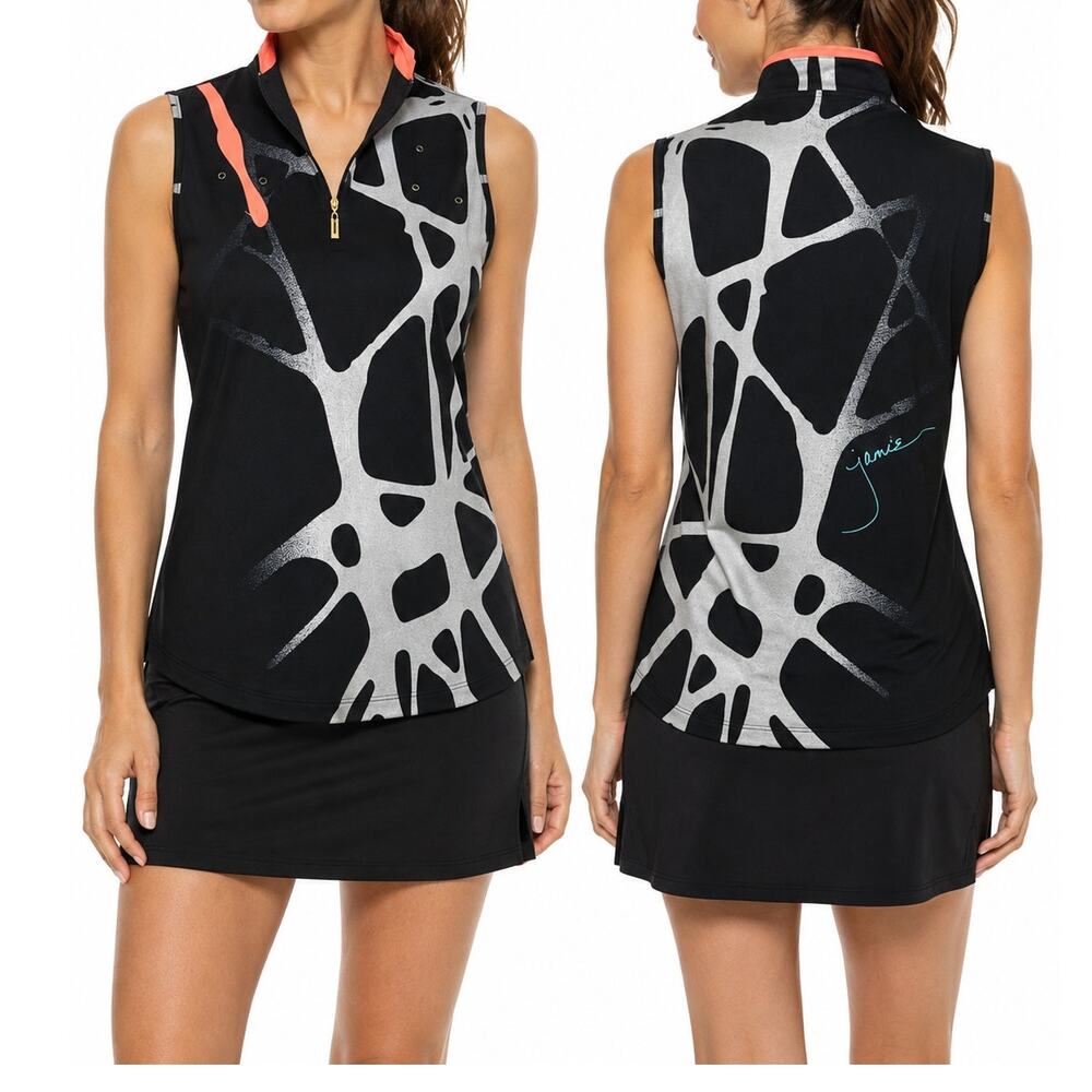 Jamie Sadock Golf Top Size Small Black Silver Abstract Print 1/4 Zip Sleeveless
